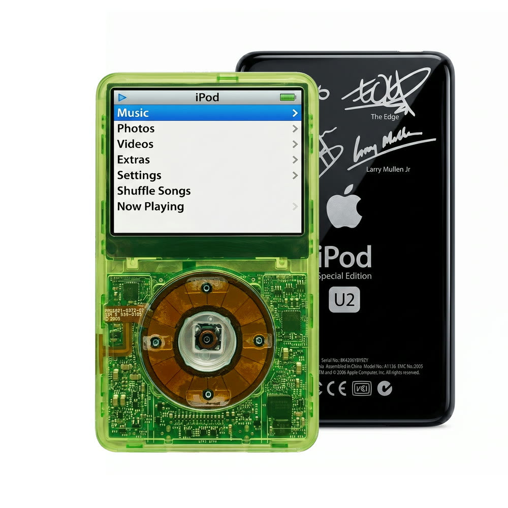 Clear Green refurbished iPod Video 5.5 Gen with Clear Gray click wheel and Black U2 back plate