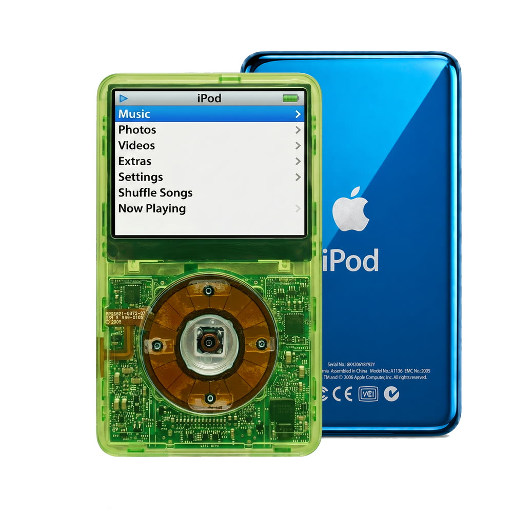 Clear Green refurbished iPod Video 5.5 Gen with Clear Gray click wheel and Blue back plate