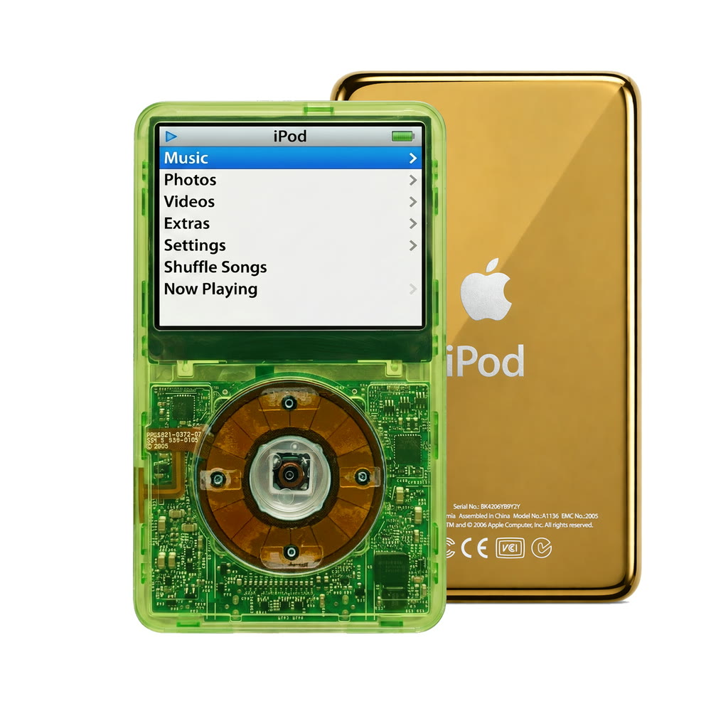 Clear Green refurbished iPod Video 5.5 Gen with Clear Gray click wheel and Gold back plate