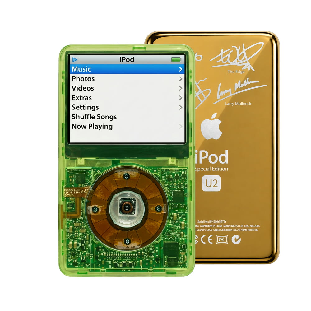 Clear Green refurbished iPod Video 5.5 Gen with Clear Gray click wheel and Gold U2 back plate