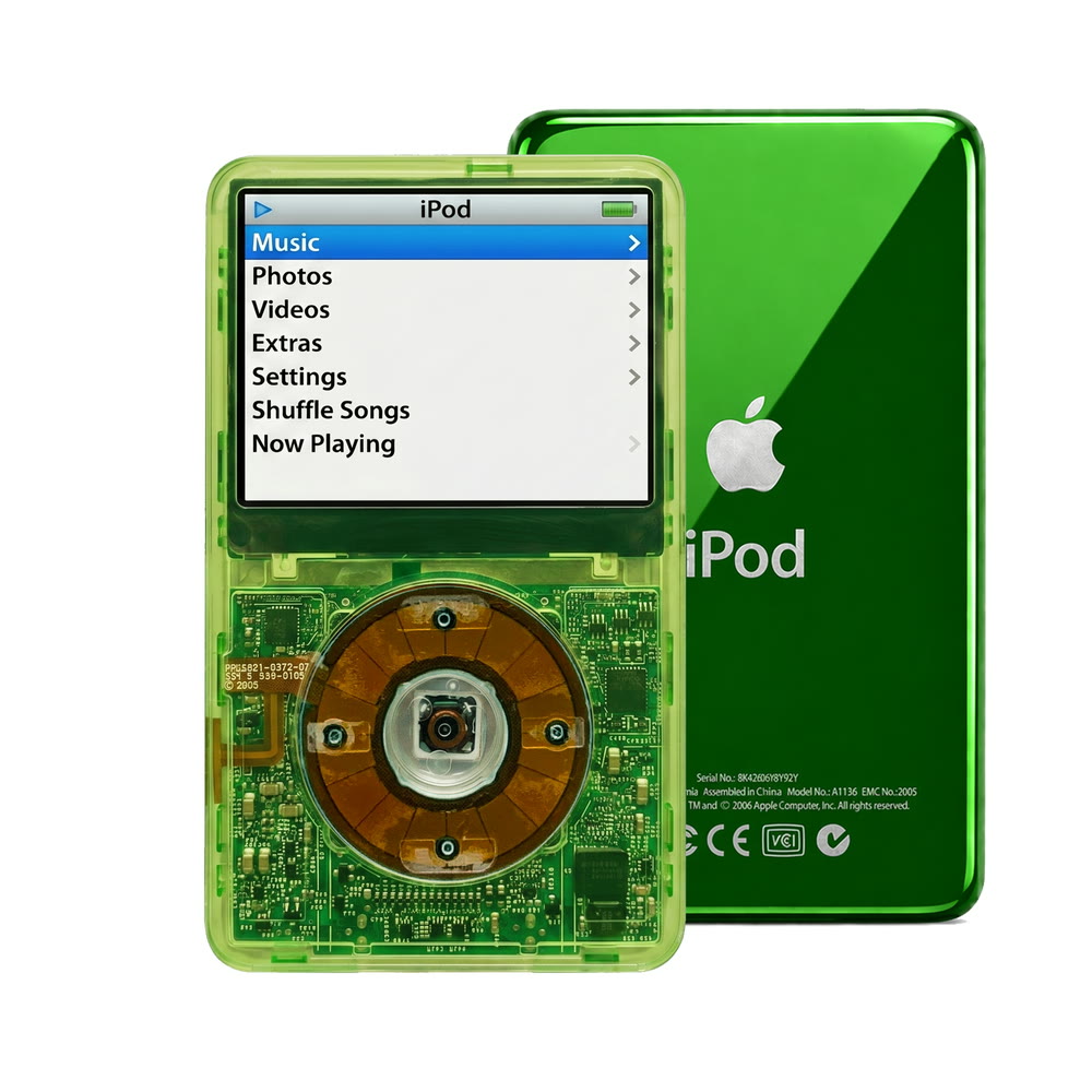 Clear Green refurbished iPod Video 5.5 Gen with Clear Gray click wheel and Green back plate