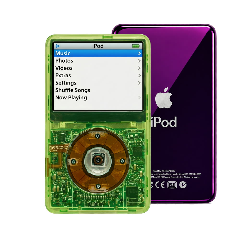 Clear Green refurbished iPod Video 5.5 Gen with Clear Gray click wheel and Purple back plate