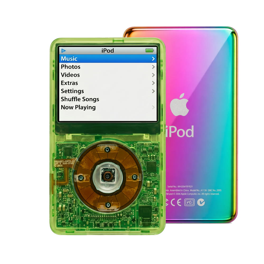 Clear Green refurbished iPod Video 5.5 Gen with Clear Gray click wheel and Rainbow back plate