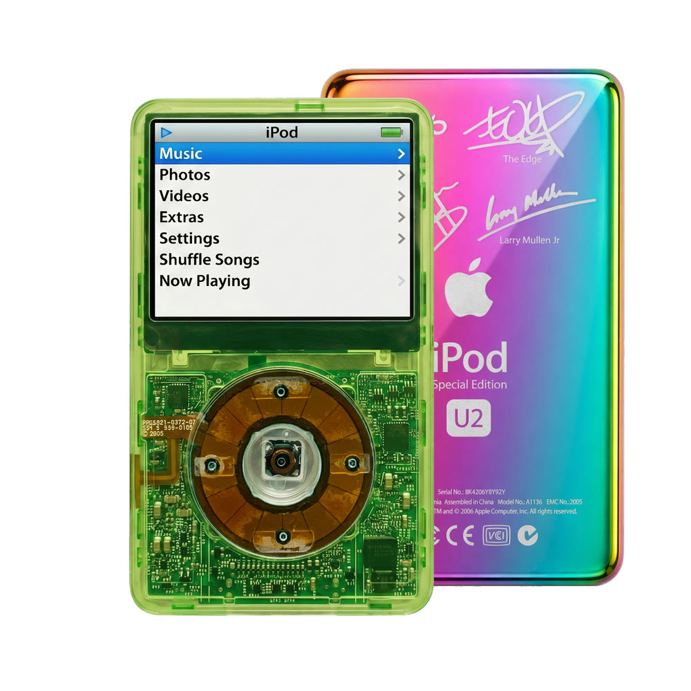Clear Green refurbished iPod Video 5.5 Gen with Clear Gray click wheel and Rainbow U2 back plate