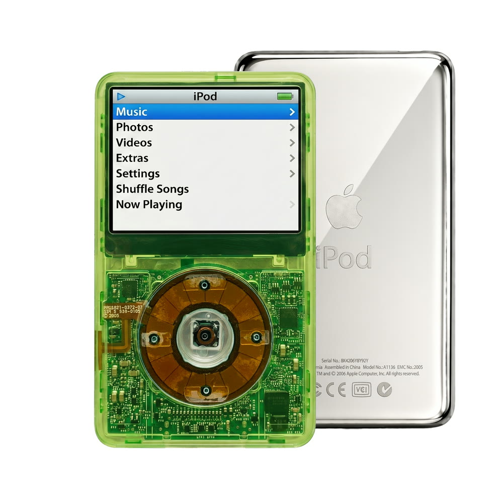 Clear Green refurbished iPod Video 5.5 Gen with Clear Gray click wheel and Silver back plate