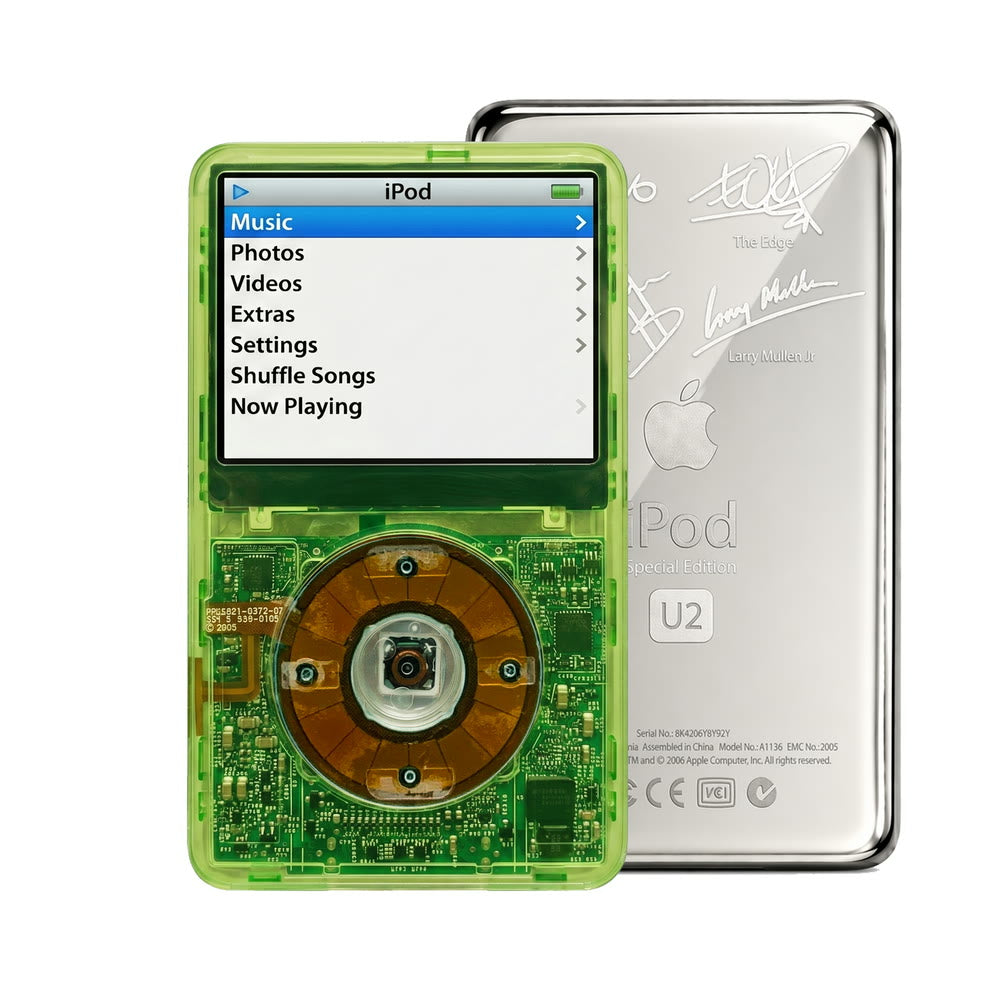 Clear Green refurbished iPod Video 5.5 Gen with Clear Gray click wheel and Silver U2 back plate