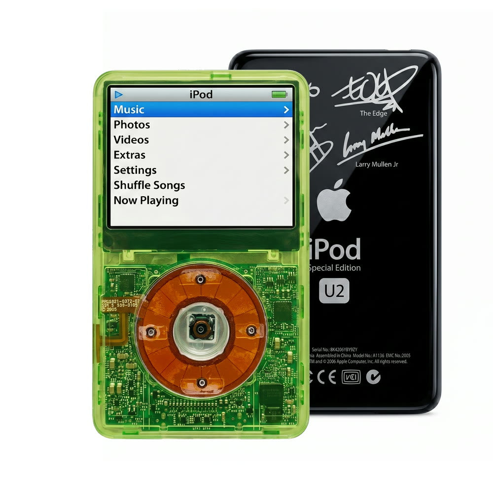 Clear Green refurbished iPod Video 5.5 Gen with Clear click wheel and Black U2 back plate