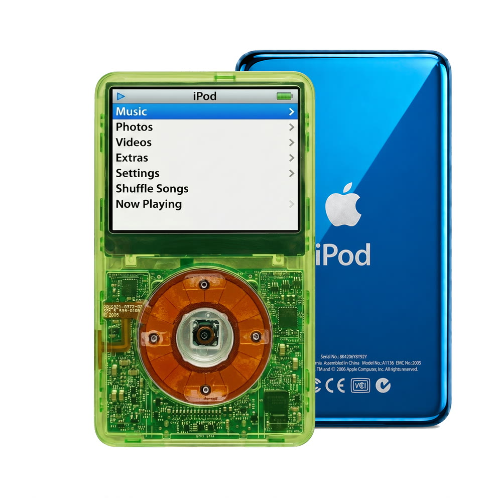 Clear Green refurbished iPod Video 5.5 Gen with Clear click wheel and Blue back plate