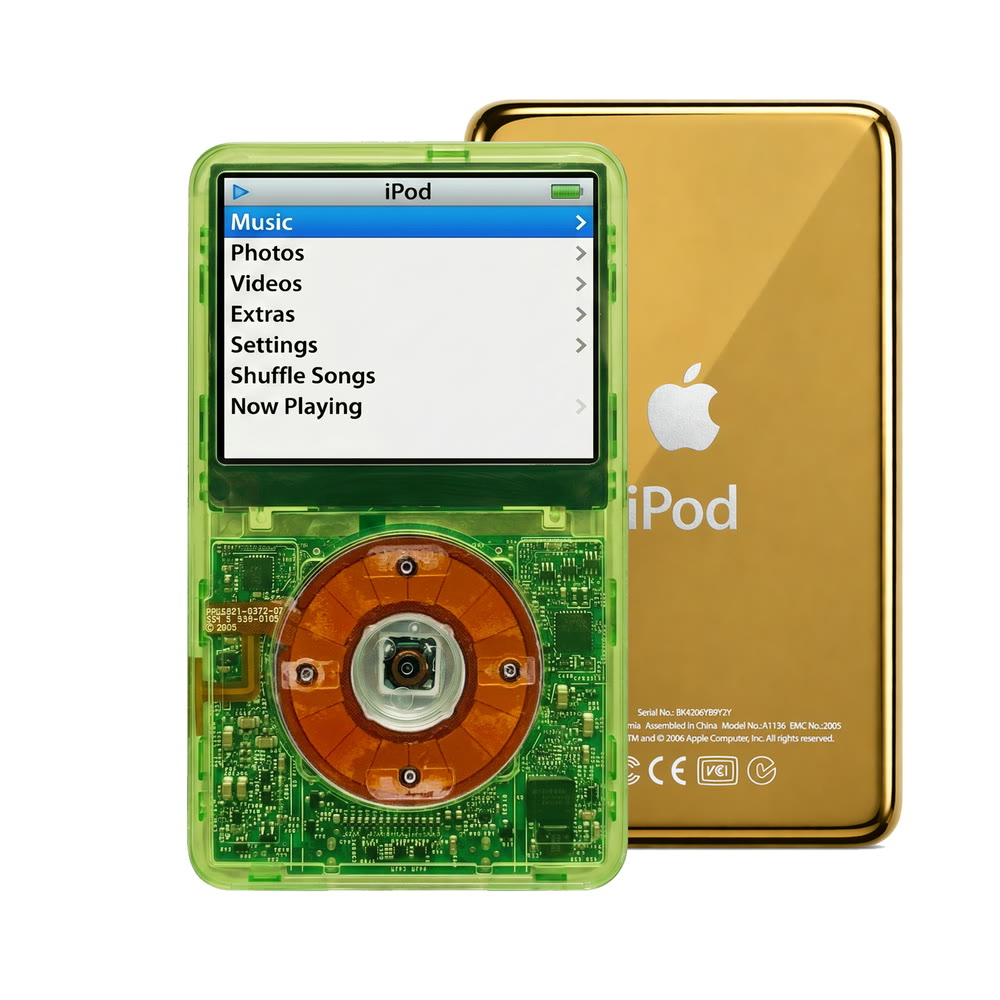 Clear Green refurbished iPod Video 5.5 Gen with Clear click wheel and Gold back plate