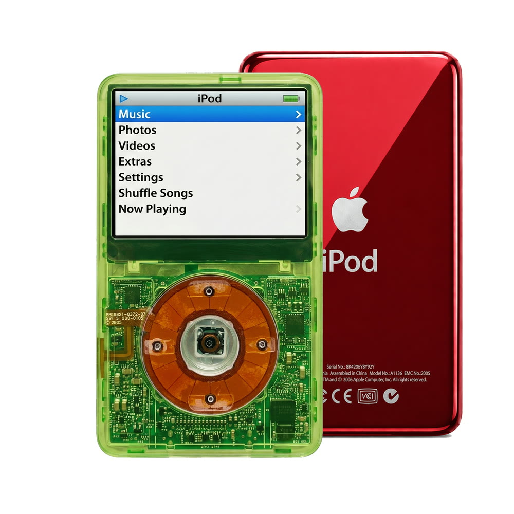 Clear Green refurbished iPod Video 5.5 Gen with Clear click wheel and Red back plate
