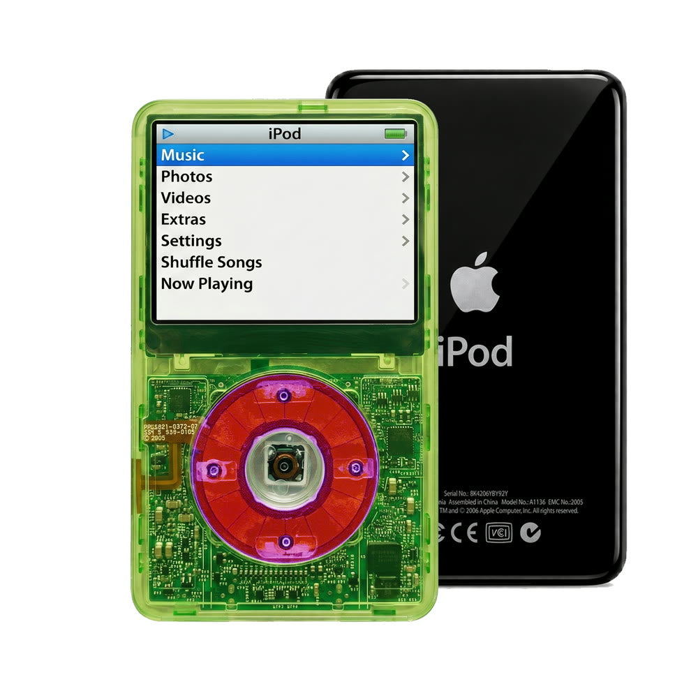Clear Green refurbished iPod Video 5.5 Gen with Clear Purple click wheel and Black back plate