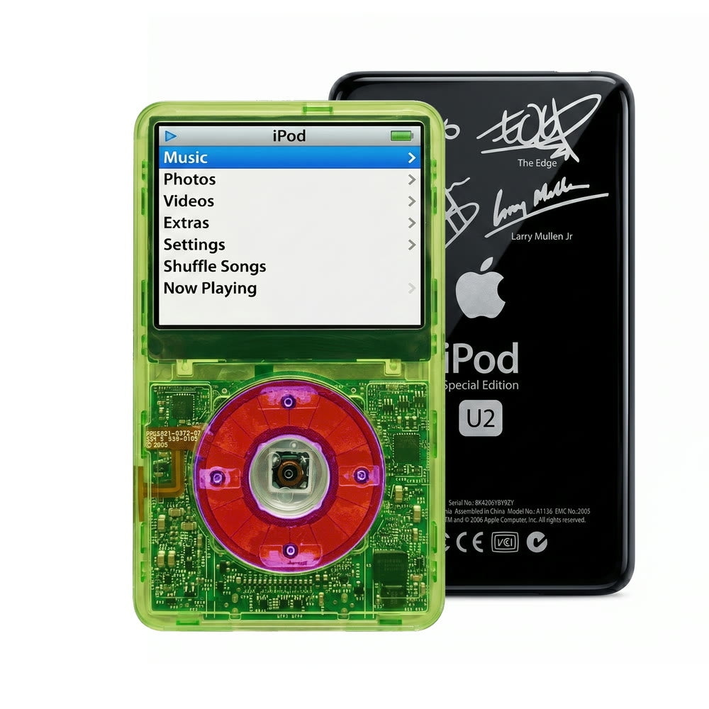 Clear Green refurbished iPod Video 5.5 Gen with Clear Purple click wheel and Black U2 back plate
