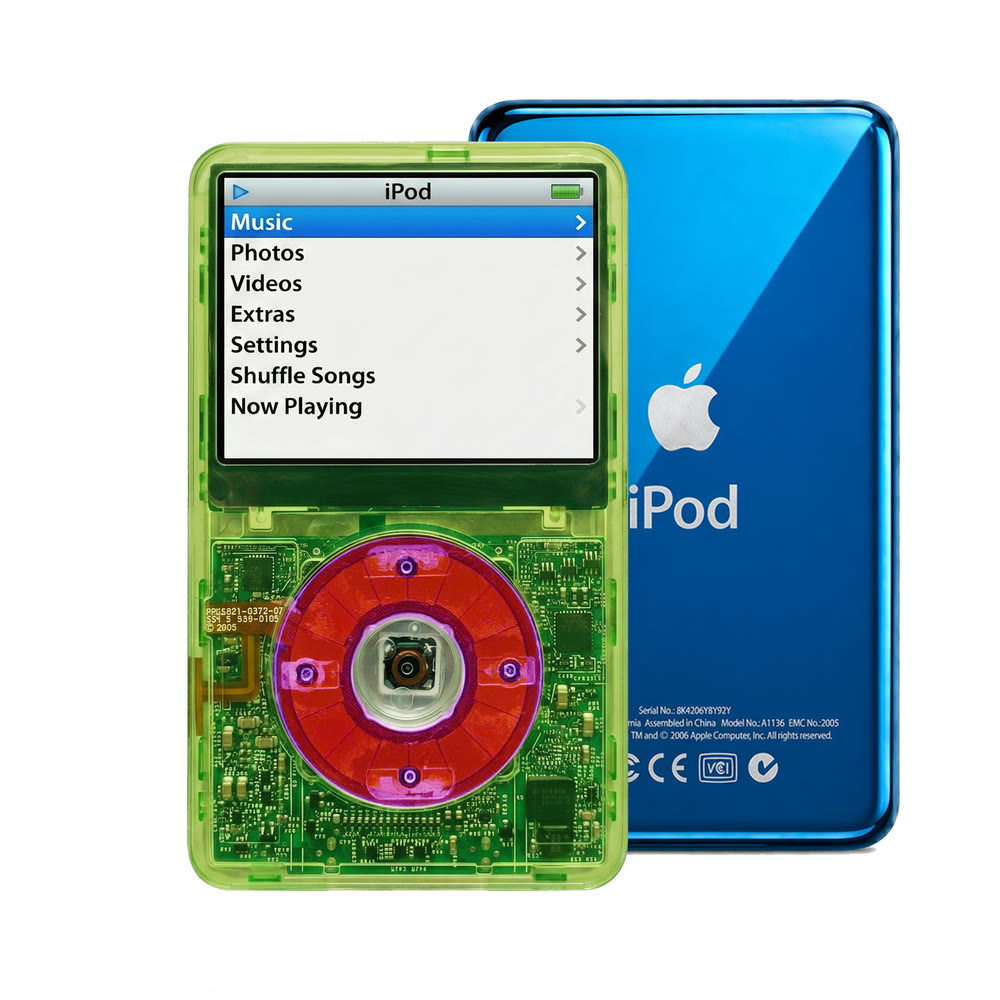Clear Green refurbished iPod Video 5.5 Gen with Clear Purple click wheel and Blue back plate
