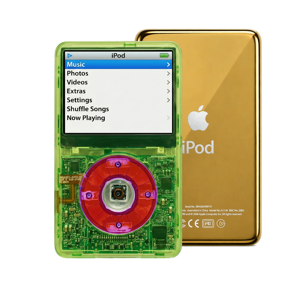 Clear Green refurbished iPod Video 5.5 Gen with Clear Purple click wheel and Gold back plate