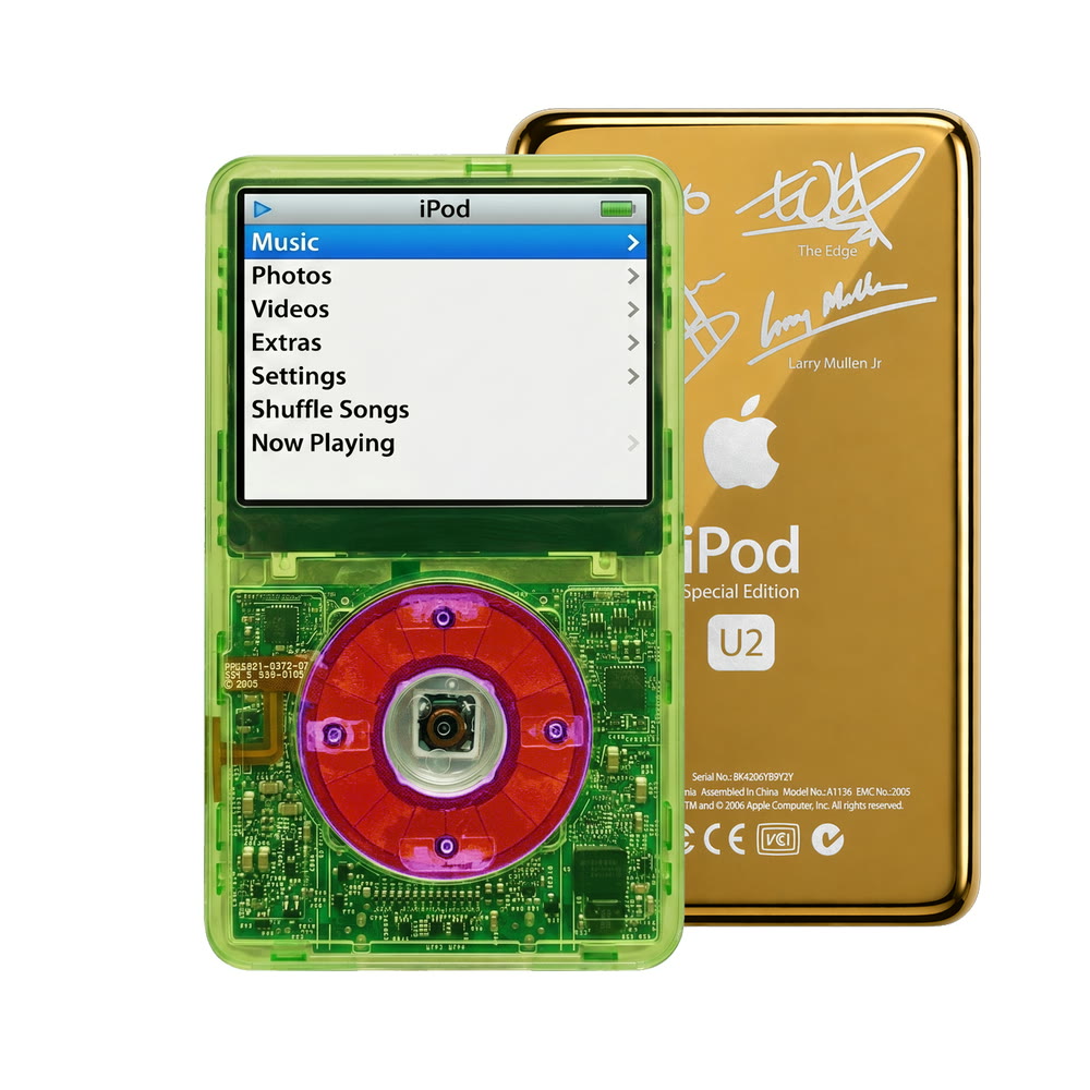 Clear Green refurbished iPod Video 5.5 Gen with Clear Purple click wheel and Gold U2 back plate
