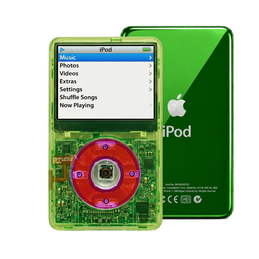 Clear Green refurbished iPod Video 5.5 Gen with Clear Purple click wheel and Green back plate