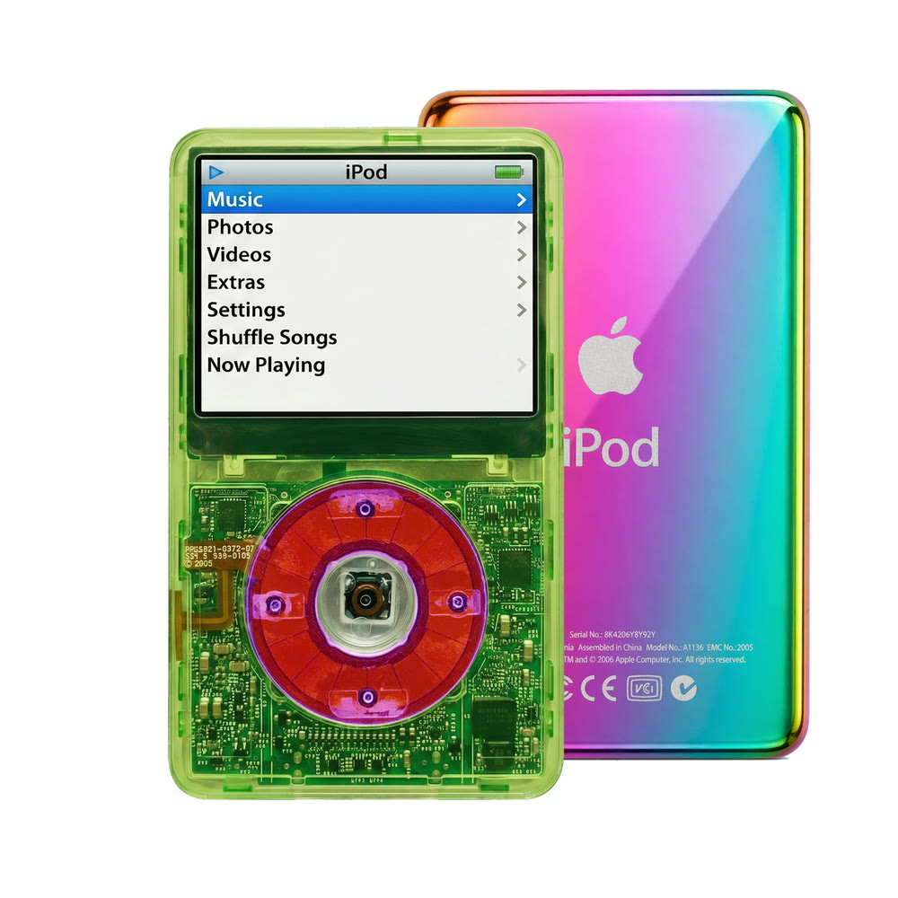Clear Green refurbished iPod Video 5.5 Gen with Clear Purple click wheel and Rainbow back plate
