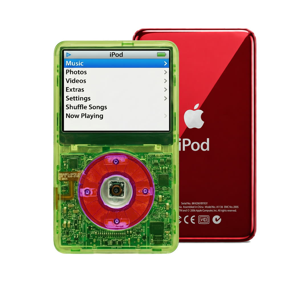 Clear Green refurbished iPod Video 5.5 Gen with Clear Purple click wheel and Red back plate