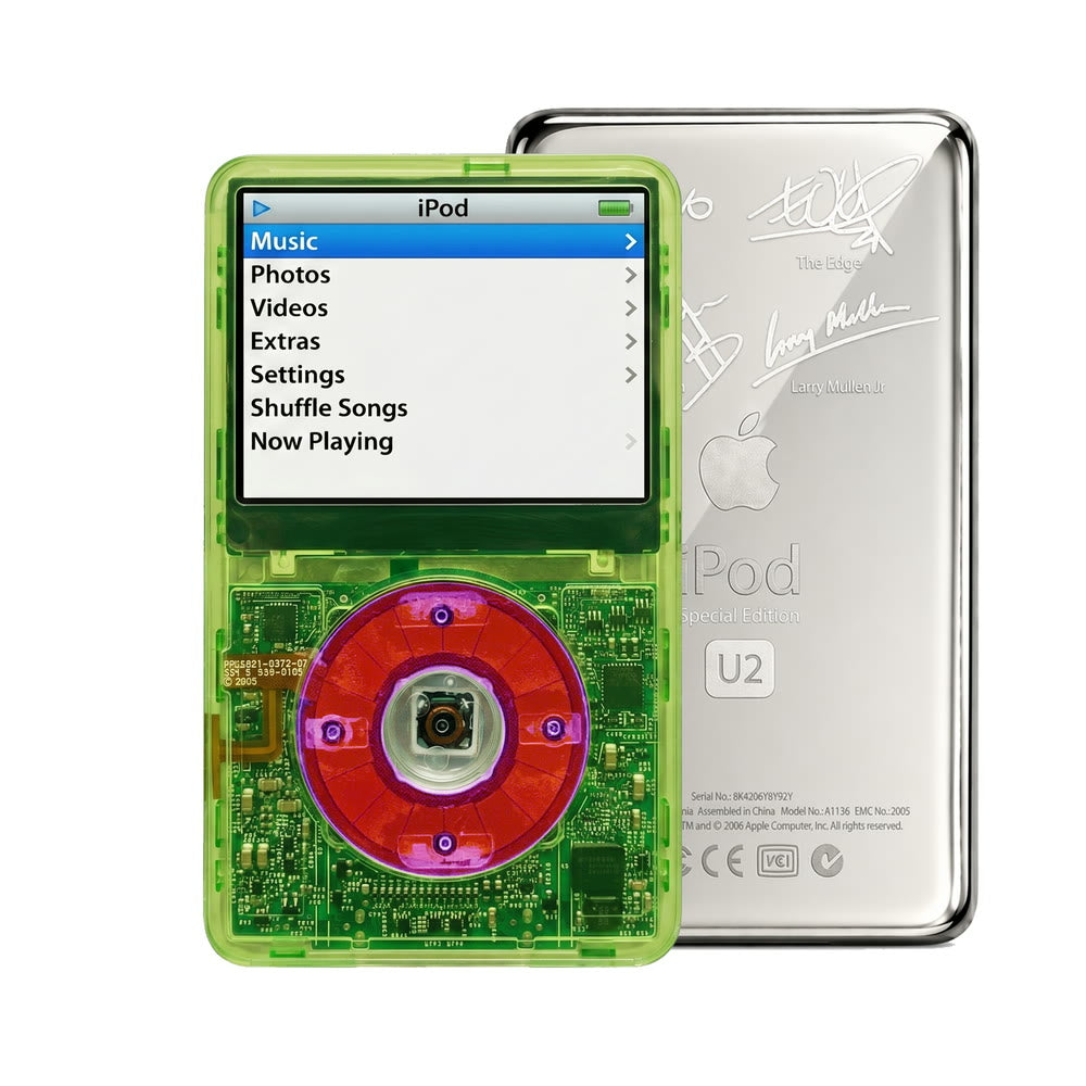 Clear Green refurbished iPod Video 5.5 Gen with Clear Purple click wheel and Silver U2 back plate