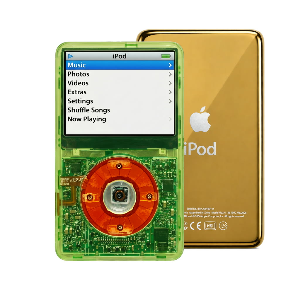 Clear Green refurbished iPod Video 5.5 Gen with Clear Red click wheel and Gold back plate