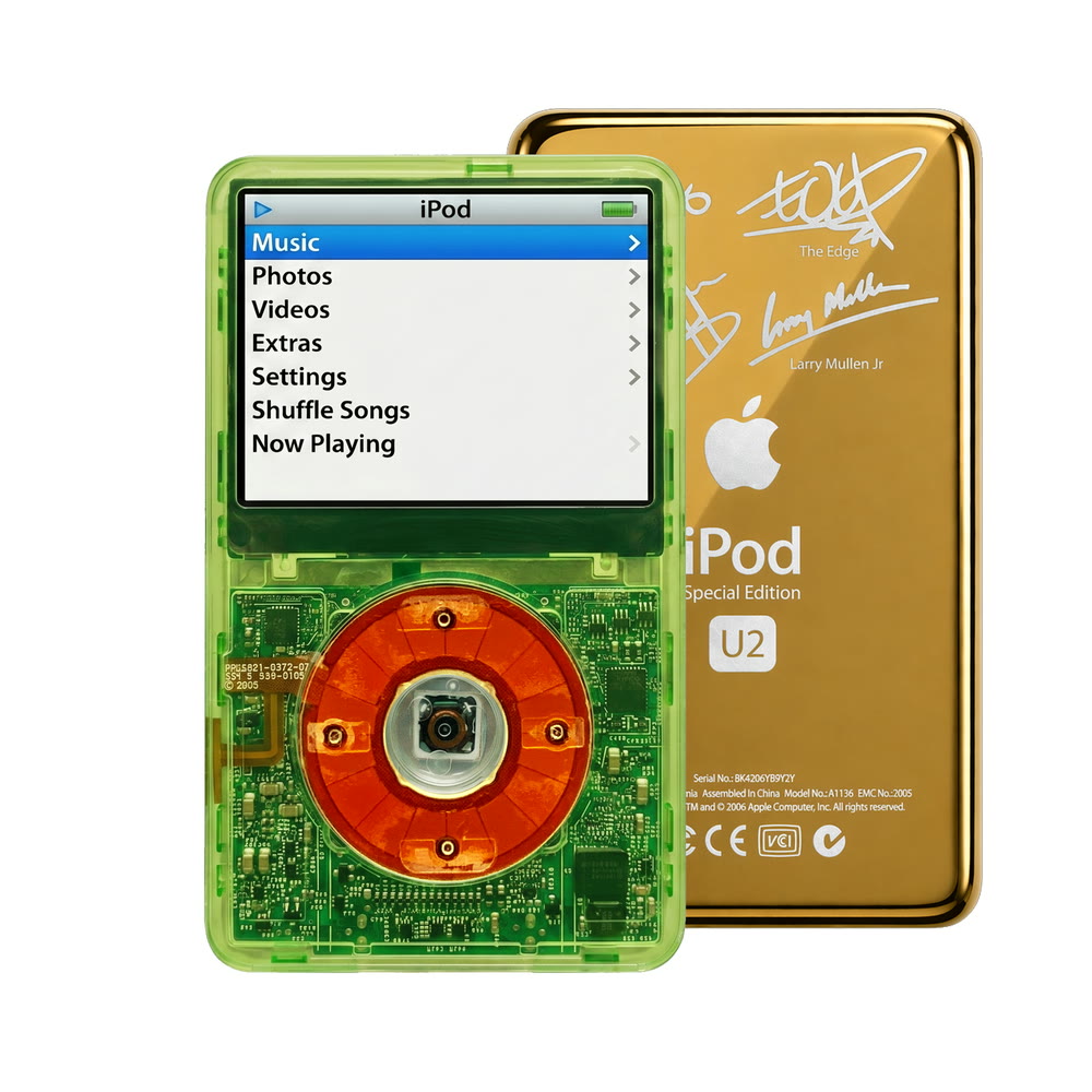 Clear Green refurbished iPod Video 5.5 Gen with Clear Red click wheel and Gold U2 back plate