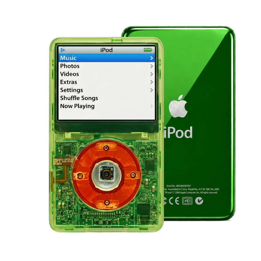 Clear Green refurbished iPod Video 5.5 Gen with Clear Red click wheel and Green back plate