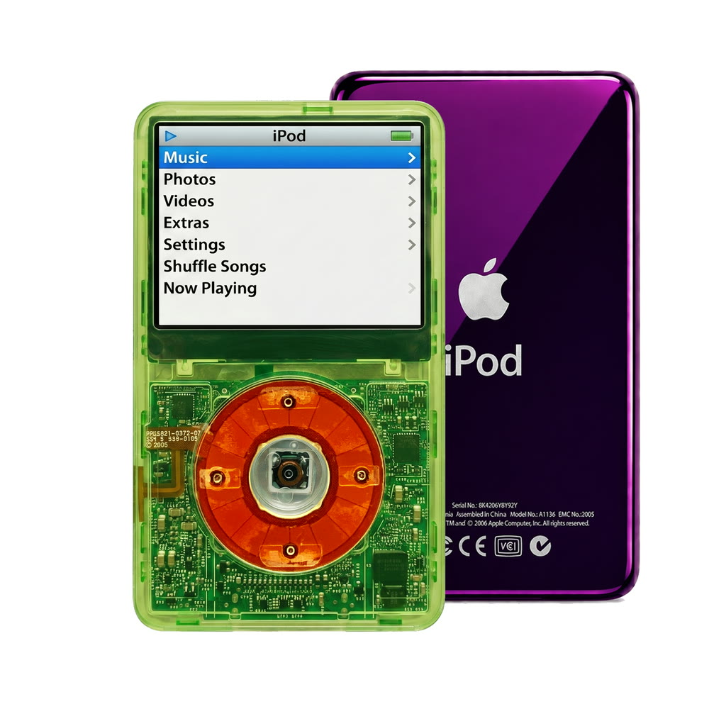 Clear Green refurbished iPod Video 5.5 Gen with Clear Red click wheel and Purple back plate