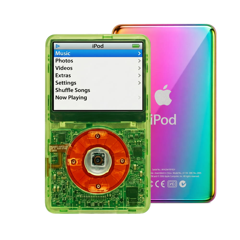 Clear Green refurbished iPod Video 5.5 Gen with Clear Red click wheel and Rainbow back plate