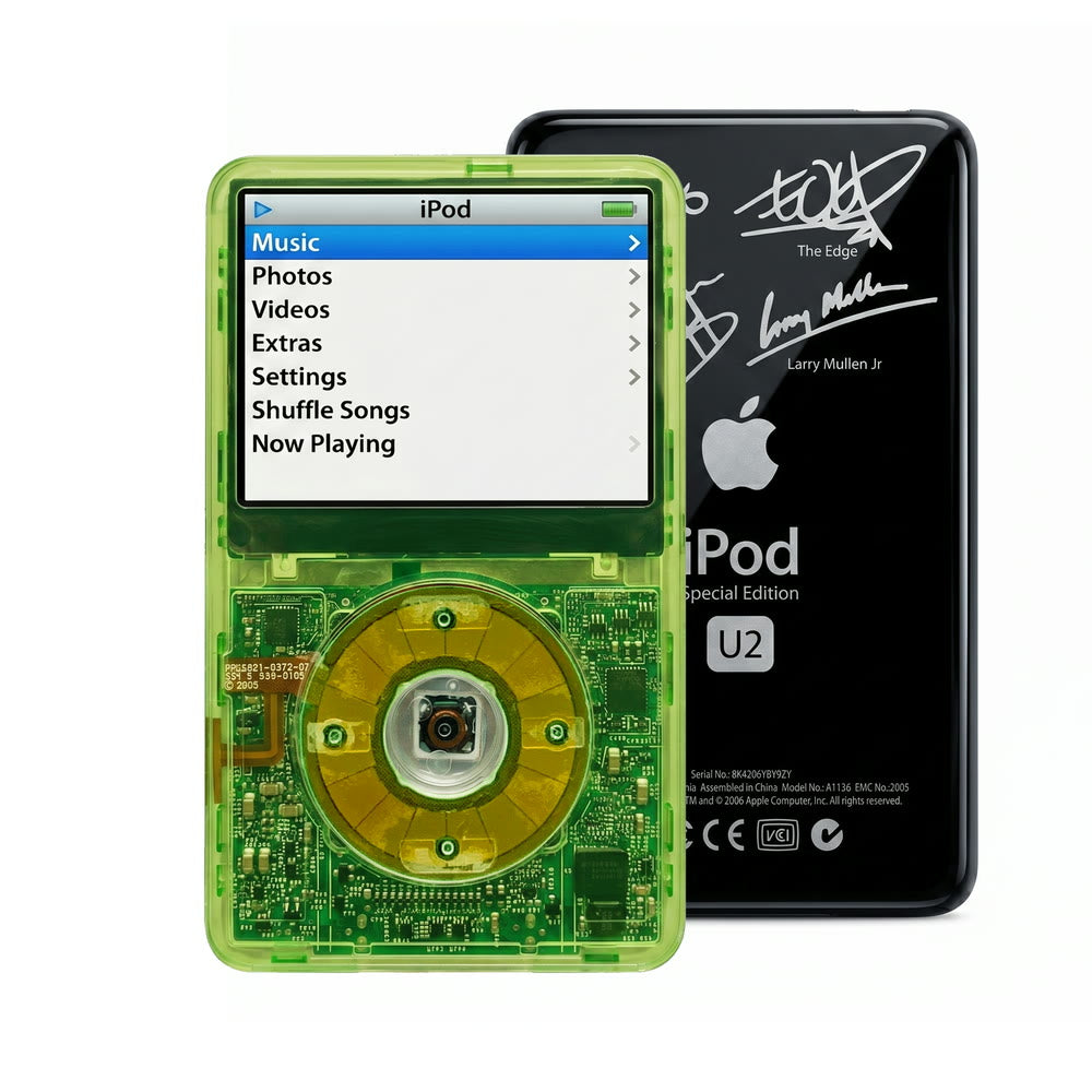 Clear Green refurbished iPod Video 5.5 Gen with Clear Silver Green click wheel and Black U2 back plate