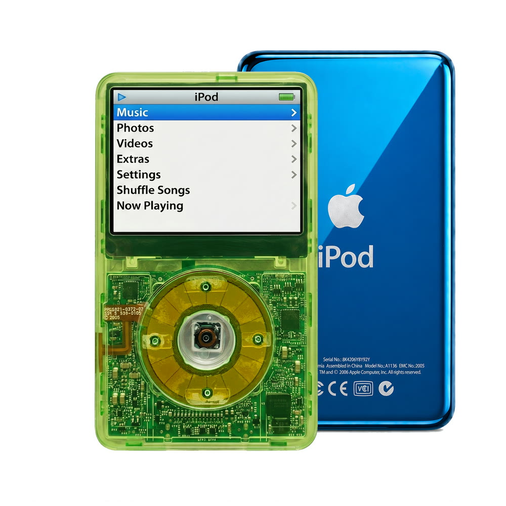 Clear Green refurbished iPod Video 5.5 Gen with Clear Silver Green click wheel and Blue back plate
