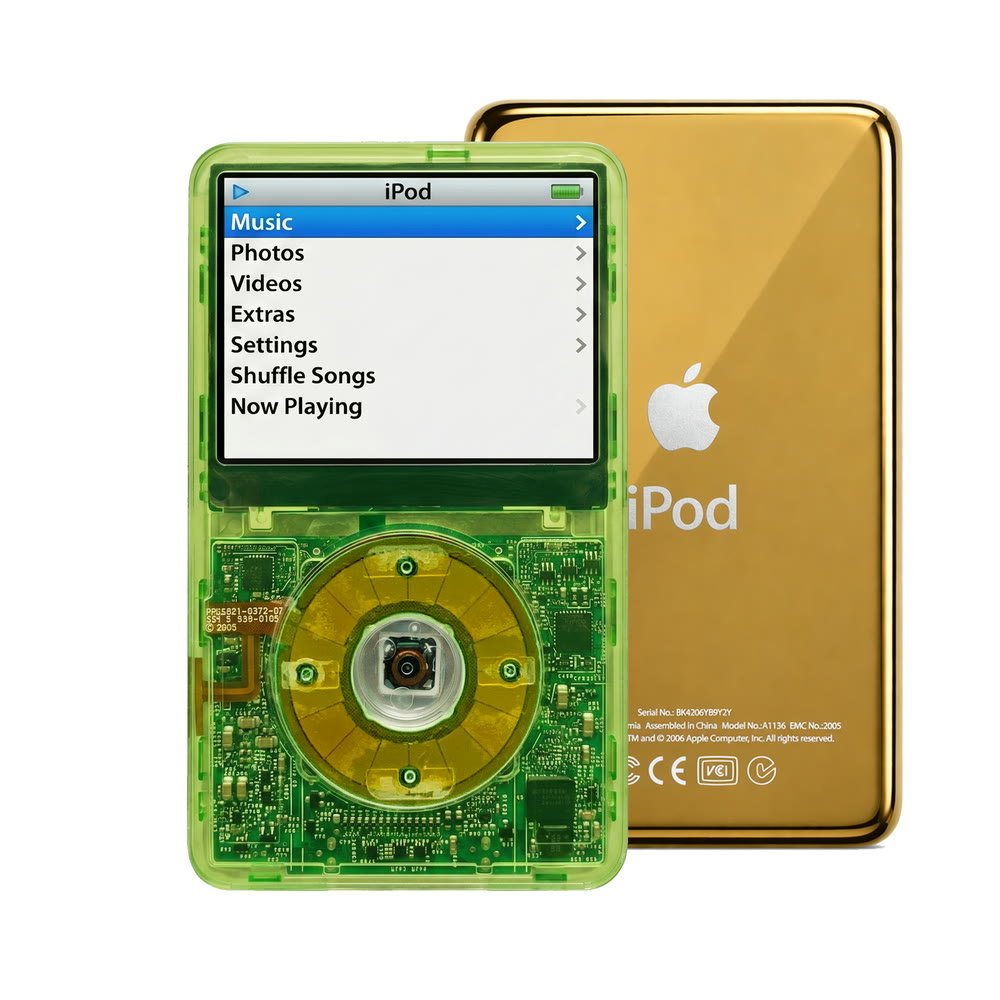 Clear Green refurbished iPod Video 5.5 Gen with Clear Silver Green click wheel and Gold back plate