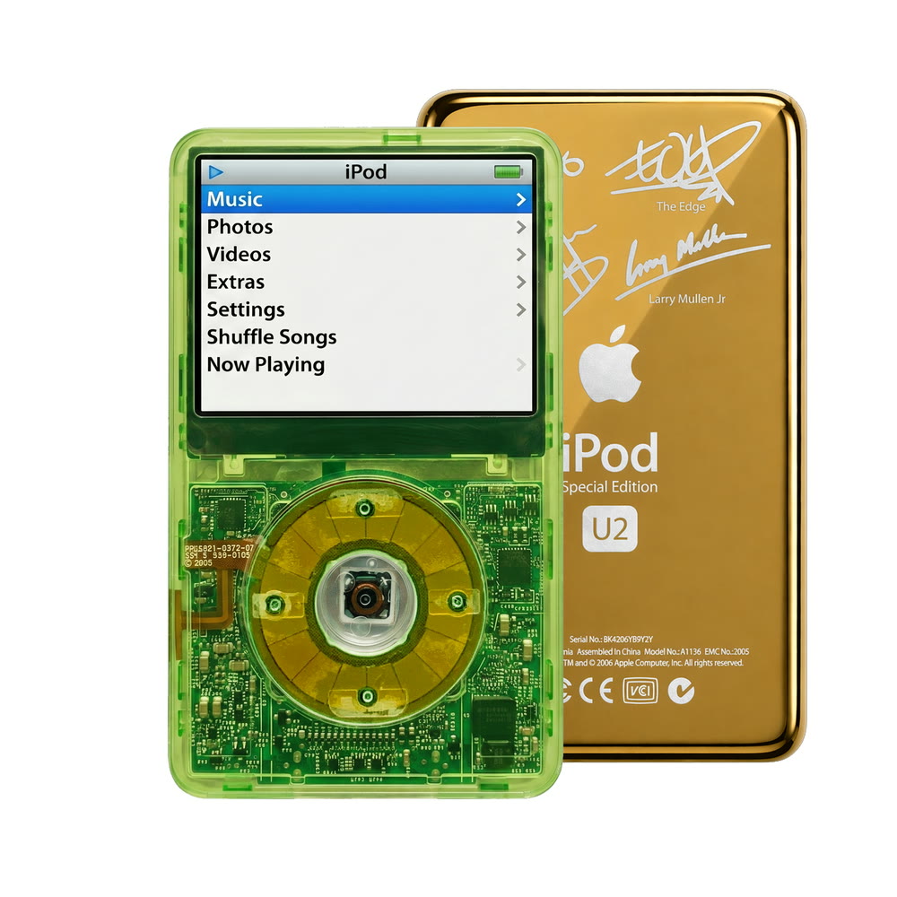 Clear Green refurbished iPod Video 5.5 Gen with Clear Silver Green click wheel and Gold U2 back plate