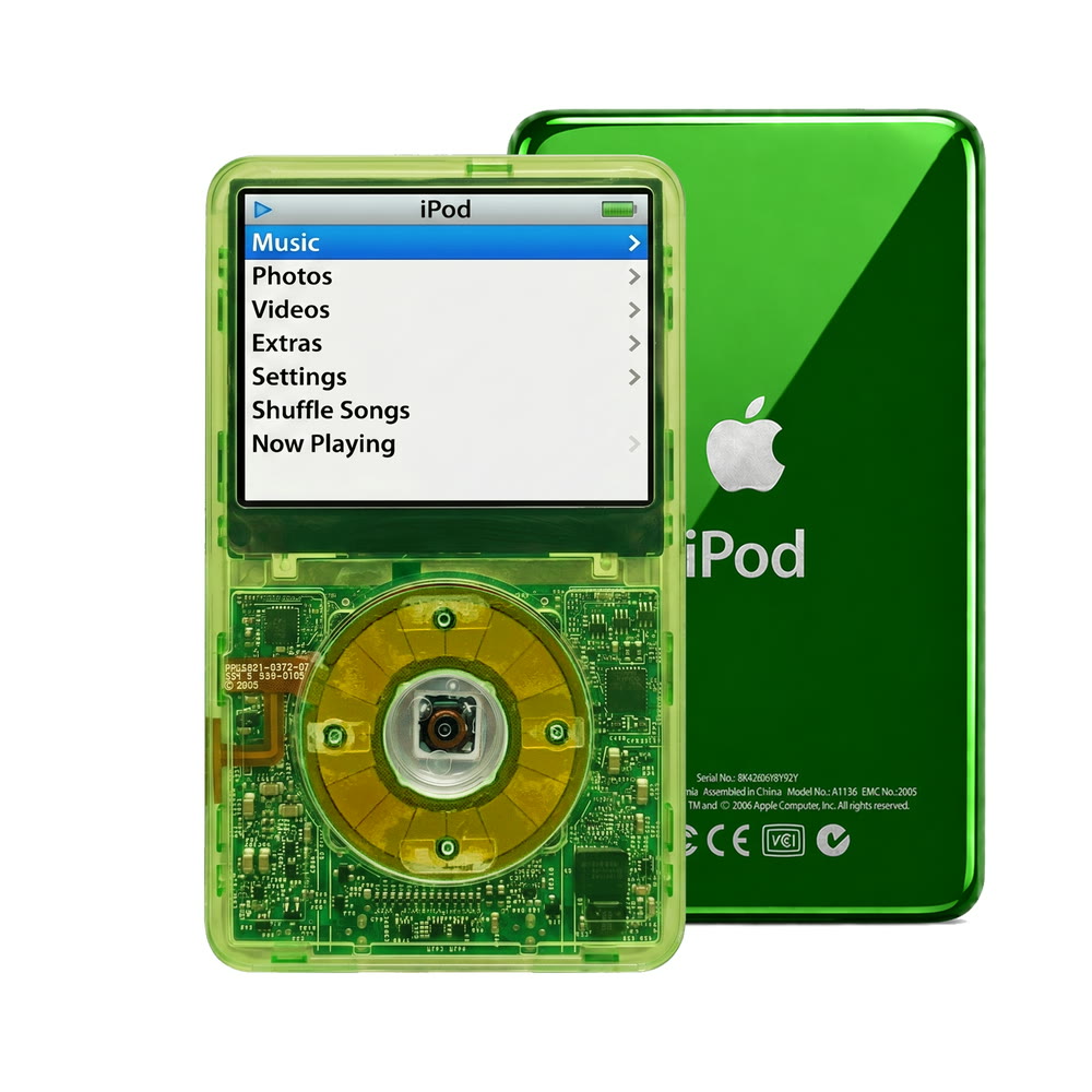 Clear Green refurbished iPod Video 5.5 Gen with Clear Silver Green click wheel and Green back plate