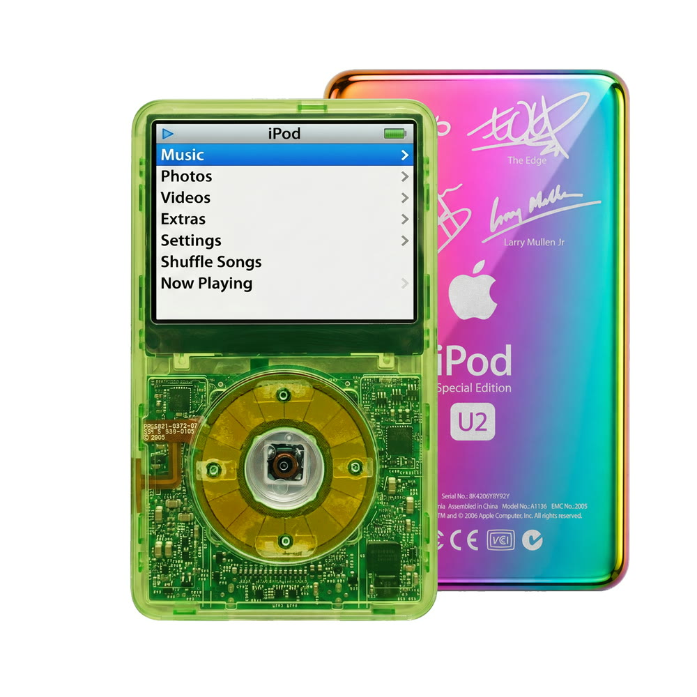 Clear Green refurbished iPod Video 5.5 Gen with Clear Silver Green click wheel and Rainbow U2 back plate