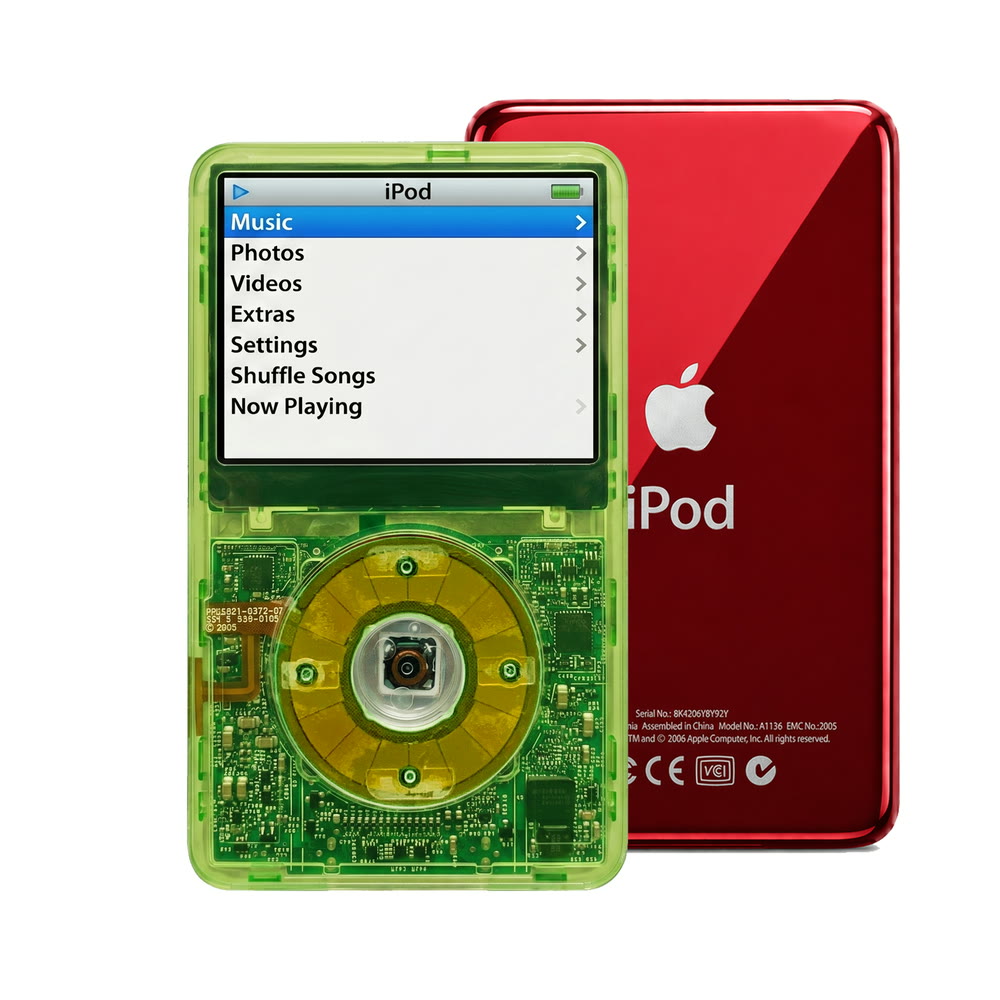Clear Green refurbished iPod Video 5.5 Gen with Clear Silver Green click wheel and Red back plate