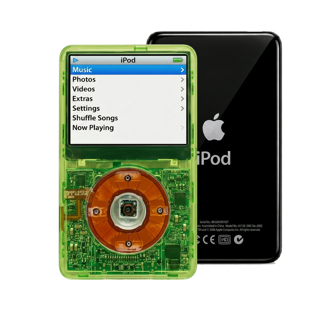 Clear Green refurbished iPod Video 5.5 Gen with Clear Yellow click wheel and Black back plate