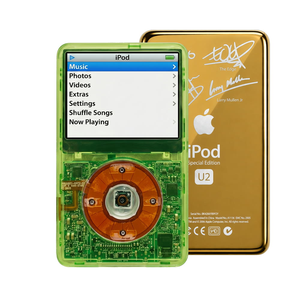 Clear Green refurbished iPod Video 5.5 Gen with Clear Yellow click wheel and Gold U2 back plate