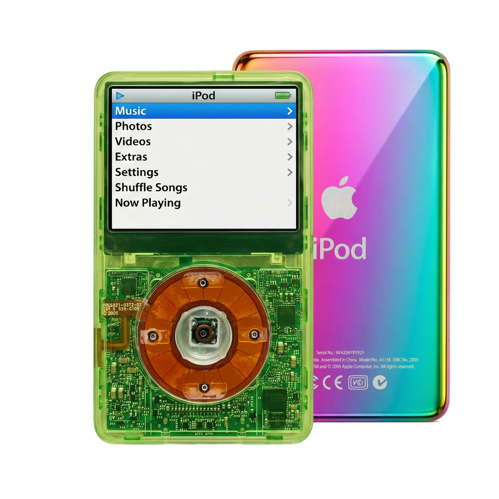 Clear Green refurbished iPod Video 5.5 Gen with Clear Yellow click wheel and Rainbow back plate