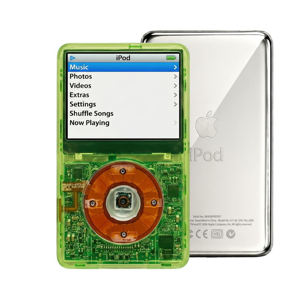 Clear Green refurbished iPod Video 5.5 Gen with Clear Yellow click wheel and Silver back plate