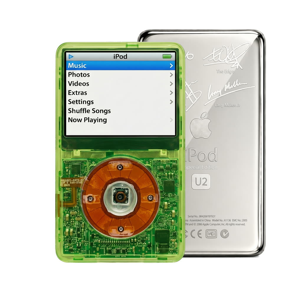 Clear Green refurbished iPod Video 5.5 Gen with Clear Yellow click wheel and Silver U2 back plate