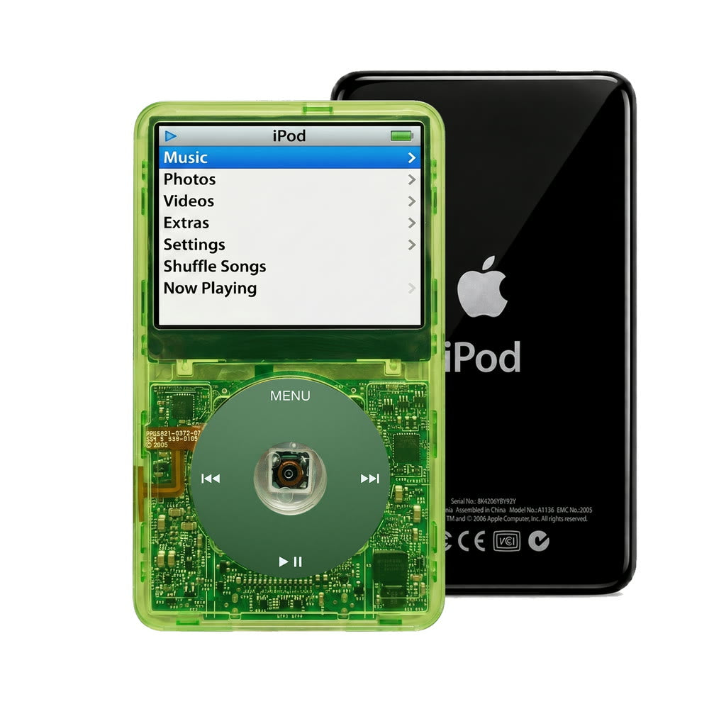 Clear Green refurbished iPod Video 5.5 Gen with Green click wheel and Black back plate