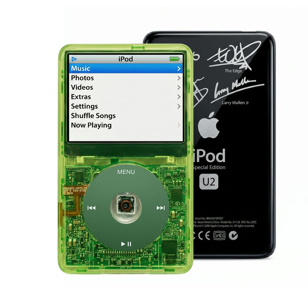 Clear Green refurbished iPod Video 5.5 Gen with Green click wheel and Black U2 back plate