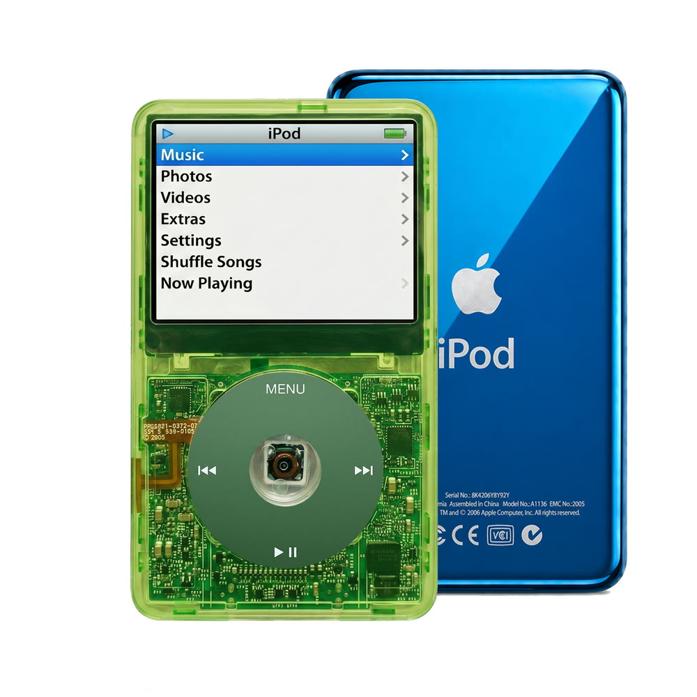 Clear Green refurbished iPod Video 5.5 Gen with Green click wheel and Blue back plate