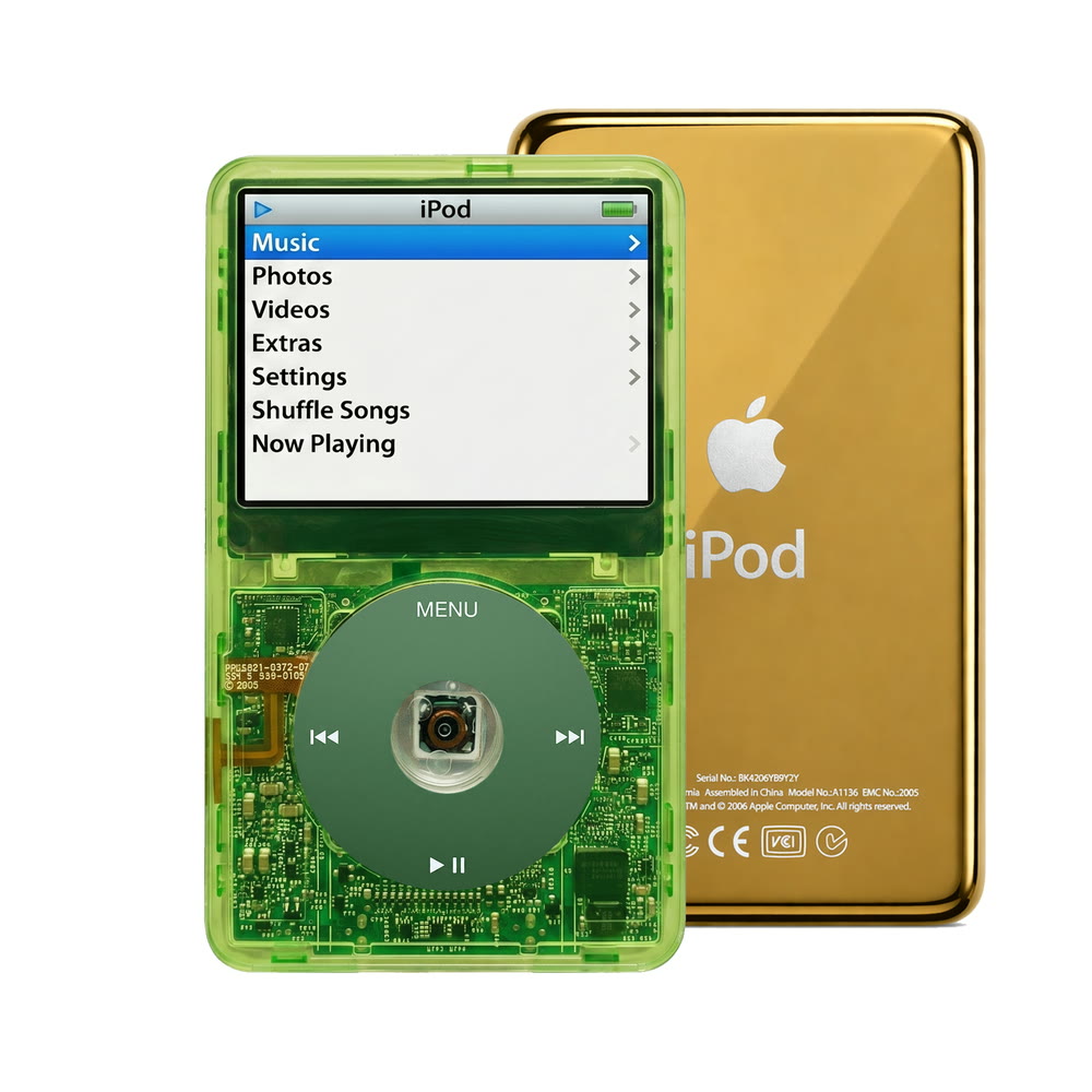 Clear Green refurbished iPod Video 5.5 Gen with Green click wheel and Gold back plate