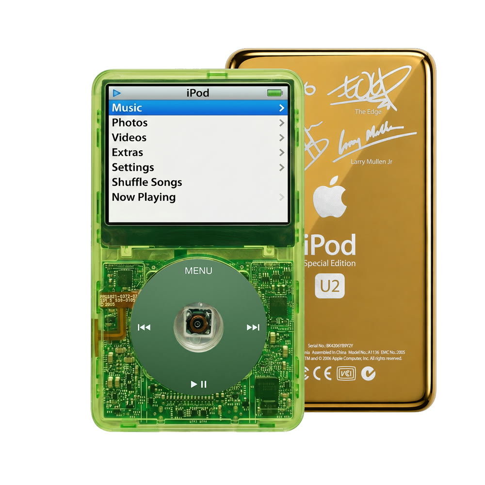 Clear Green refurbished iPod Video 5.5 Gen with Green click wheel and Gold U2 back plate