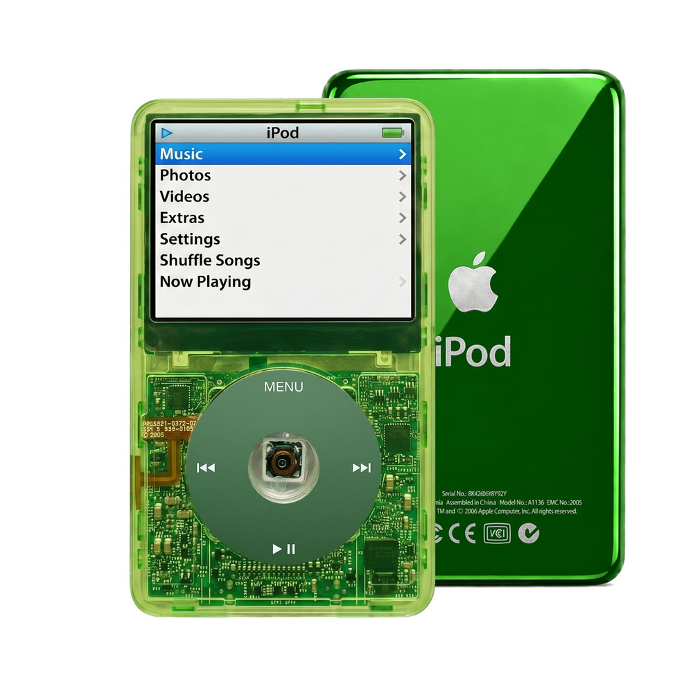 Clear Green refurbished iPod Video 5.5 Gen with Green click wheel and Green back plate