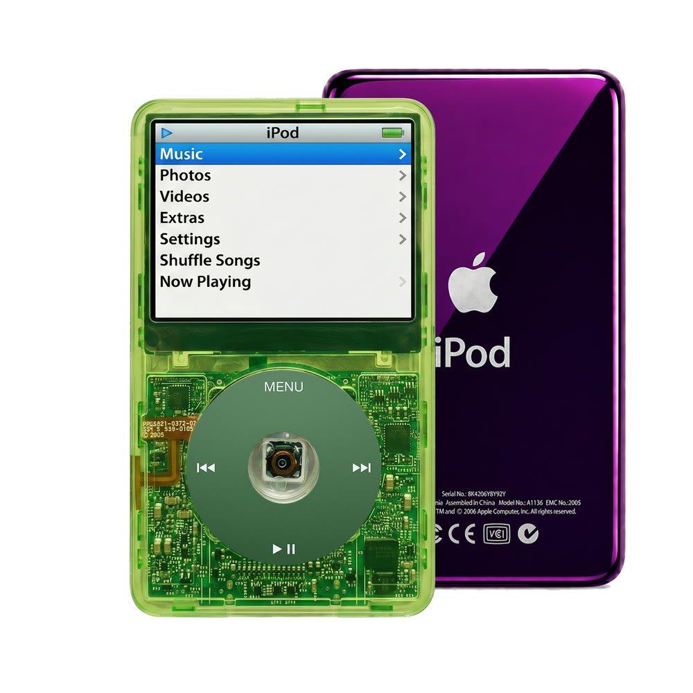 Clear Green refurbished iPod Video 5.5 Gen with Green click wheel and Purple back plate