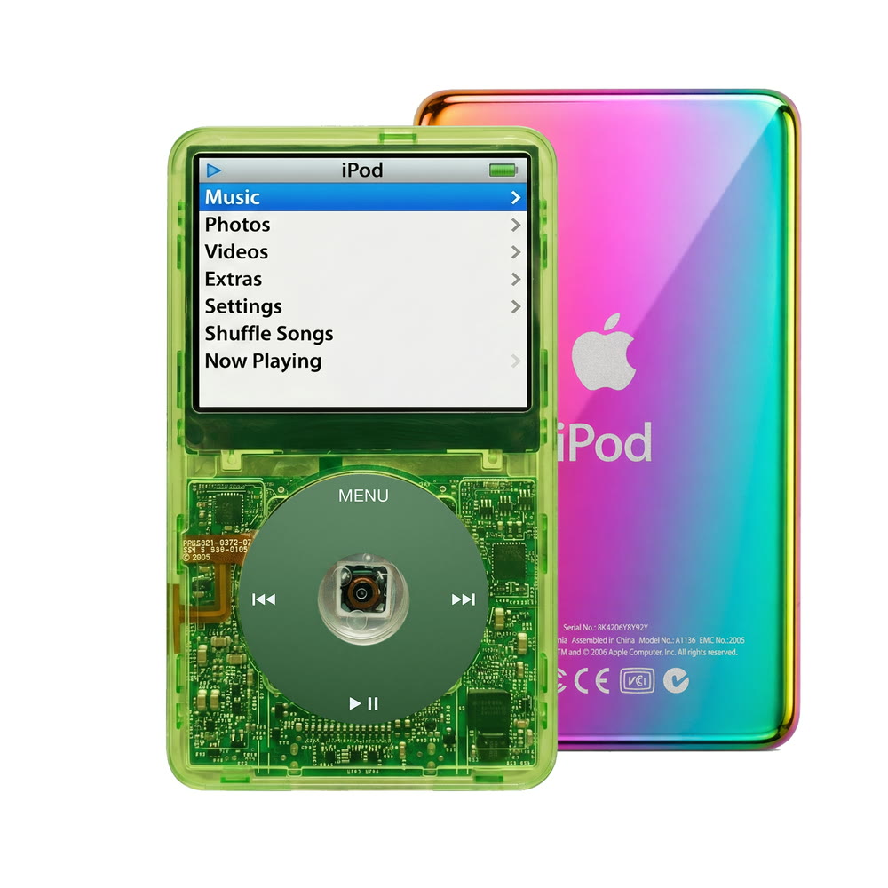 Clear Green refurbished iPod Video 5.5 Gen with Green click wheel and Rainbow back plate