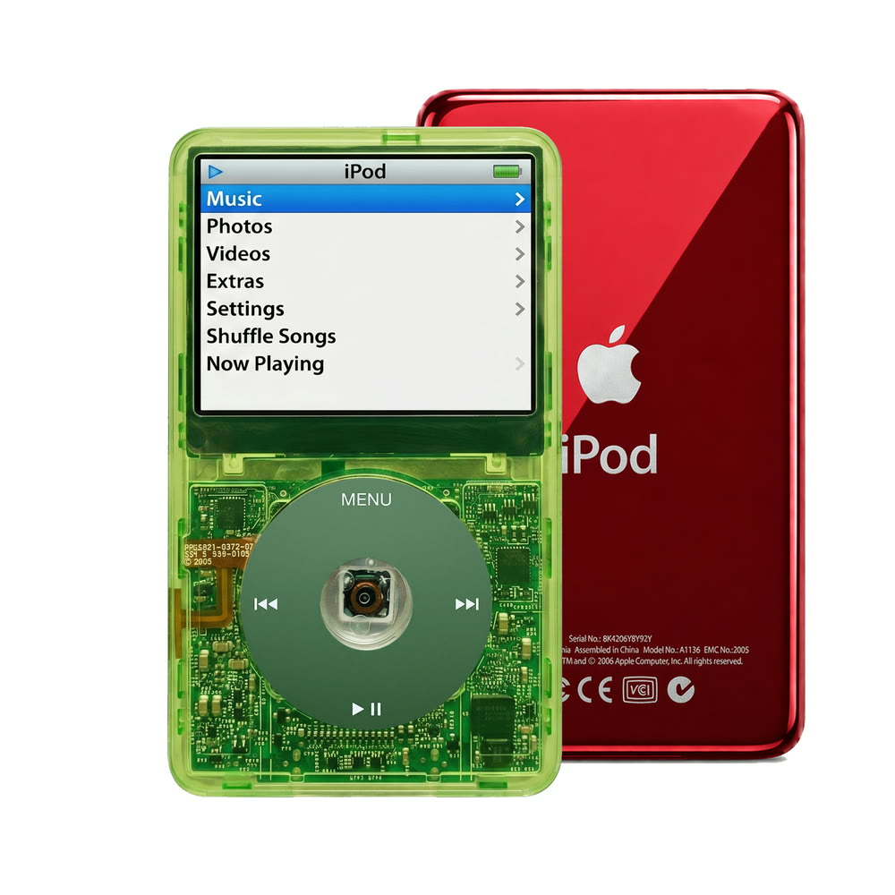 Clear Green refurbished iPod Video 5.5 Gen with Green click wheel and Red back plate