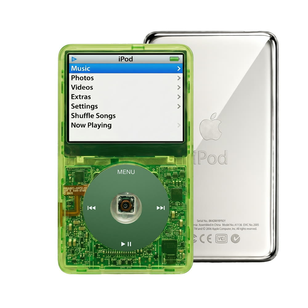 Clear Green refurbished iPod Video 5.5 Gen with Green click wheel and Silver back plate